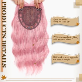 Nexyshe Wavy Hair Topper with Bangs 14 Inch Pink Wig with 6.5''X6.5'' Big Base Cosplay Wigs for Women Sythetic Hair Pieces for Ladies