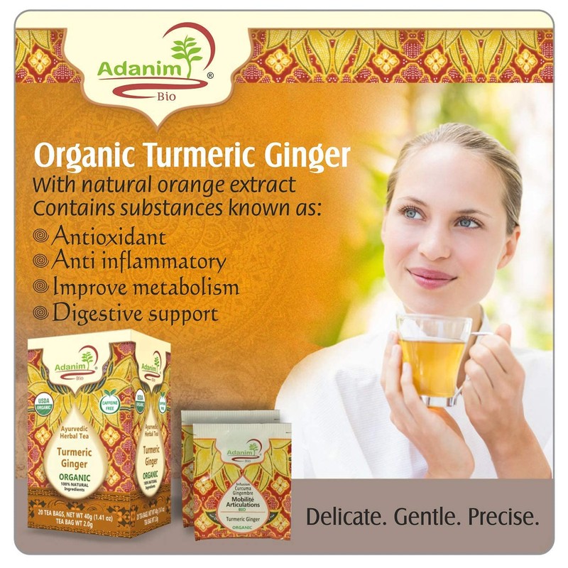 Adanim Bio Ginger Turmeric Tea, Value Pack 80 Teabags, Caffeine-free