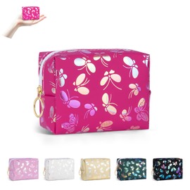 10 * 6 * 8cm Mini Schminktasche Damen Mini-Kosmetiktasche PU Leder Klein Kulturbeutel Make up Tashe Kleine Waschtasche mit Schmetterling Organizer Reise Zubehör Geschenk Beste Freundin(Rose)