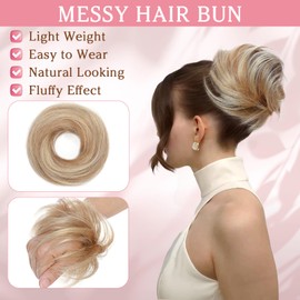 Benehair Messy Bun Scrunchie Real Hair Human Straight Hair Bun Scrunchy Piece Ponytail Extension Elastic Band Scrunchies Donut #12/613 Golden Brown Mix Bleach Blonde 17g