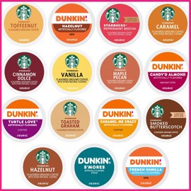 30 Count -- Flavored Starbucks & Dunkin Variety Pack Coffee Pods K Cup Sampler – Starbucks - Hazelnut, Cinnamon Dolce, Maple Pecan, Smoked Butterscotch, Toasted Graham, Caramel, Vanilla & Toffeenut. Dunkin - Turtle Love, Candy'd Almond, Caramel Me Crazy,