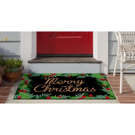 Liora Manne Natura Merry Christmas Holly Black Outdoor Welcome Coir Door Mat, 1'5" x 2'6"