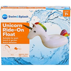 Atoz Swim & Splash Unicorn Ride-On Float, Rainbow Design, 145 x 65 cm, Age 7+, Quick Deflation, Pool Beach Garden