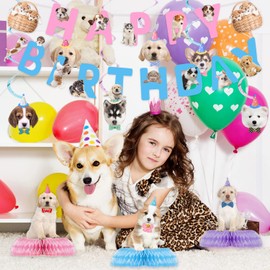 16 Pcs Dog Birthday Party Supplies, Dog Party Decorations, Puppy Birthday Party Decorations Includes 1 Dog Happy Birthday Banner, 6 Dog Hanging Cutouts, 6 Hanging Swirl Decorations and 3 Birthday Honeycomb Centerpieces for Dog Themed Birthday Party Suppl
