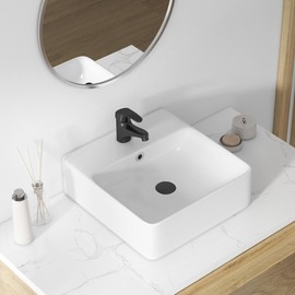 16" x 16" Bathroom Sink Vessel Rectangular, Eridanus Wall Mount Sinks Countertop Floating Basin with Overflow, White Ceramic Trough Wall Hung Space Saving Square Small Cloakroom Tiny Lavatory