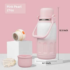 Insulated Water Bottle with Handle and Strap,Vacuum Travel Tumbler with Cup Lid,Thermo Coffee Cup for Hot Cold Drinks 27 OZ,Pink Pearl