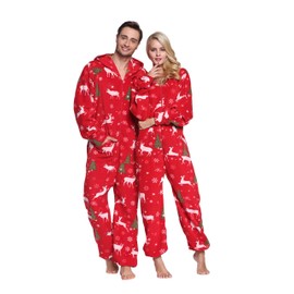 XMASCOMING Women's & Men's Hooded Fleece Onesie Pajamas Merry Christmas Size US L