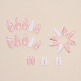 JUSTOTRY 24 Pcs White Flower Stiletto False Nails Medium,Milky French Press on Nails Pattern,Trendy Swirl Fake Nails Short with Nail Glue,Almond Stick on Nails for Women,Nails Fake Nail for Nails Art