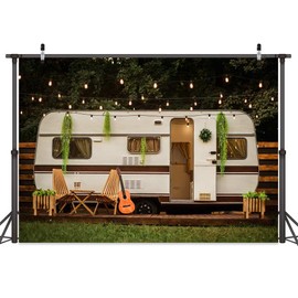 Camping Backdrop RV Theme Adventure Camper Background 7 x 5 ft Spring Forest Scenery Kids Photography Backdrop Polyester for Baby Shower Birthday Party Photo Studio Props Decor