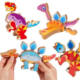 HUZU Dinosaur Building Blocks, Wooden Dino Snap Blocks, Snap Dinosaur Toys for Kids 3-5, 5-8, Fine Motor Skills STEM Kits Educational Learning Building Toys Gifts for Preschool Children