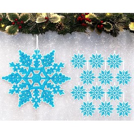12pk Glitter Snowflake Hanging Decorations, Christmas Tree Snowflake Baubles/Ornaments (Turquoise)