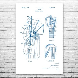 Bagpipe Poster Print, Musician Gift, Scottish Instruments, Folk Music Gift, Bagpipe Player Gift, Bagpipe Design Blue & White (11 inch x 14 inch)