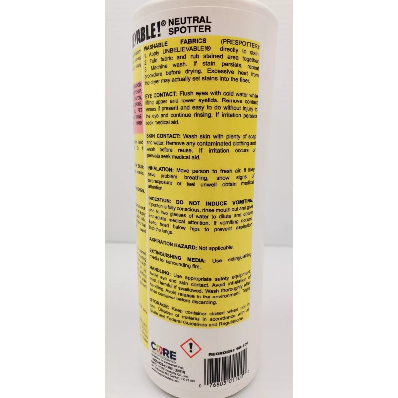 Core Products UNBELIEVABLE! Stain Remover & Deodorizer, 16oz Squeeze Bottle,