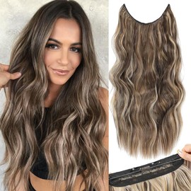 Invisible Wire Hair Extensions 20 Inch with Transparent Wire Long Wavy Blonde Mix Brown Hair Extensions for Women Adjustable Size Hairpiece 4 Clips in Hair Extension