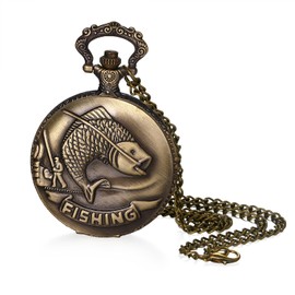 JewelryWe Father's Day Gift Pocket Watch Men's Retro Gear/Skull/Roman Numerals/Zodiac World Map Chain Watch Analogue Quartz Watch Pendant with Necklace Chain Bronze Gift for Men, Bronze Fishing,