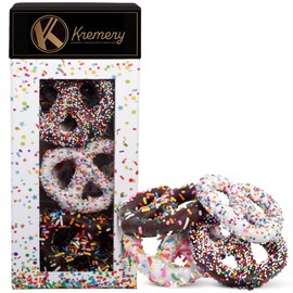 KREMERY Creamy Chocolate Cravings - Chocolate Covered Pretzel Twists Basket in Confetti Tower (12 Count) Appreciation Birthday Sweet Treats - Assorted Candy Toppings - Kosher Dairy
