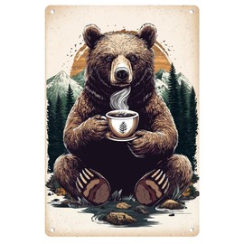 DOODLREAM Rustic Bear Drinking Coffee Metal Tin Sign Retro Tin Poster for Room Kitchen Wall Decor 8 x 12 Inch