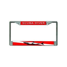 DIGIART SCUBA DIVER DIVE FLAG SHARK Chrome Metal Car License Plate Frame