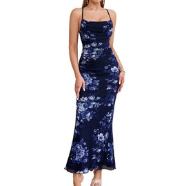 URYIAO Women's Summer Floral Spaghetti Strap Maxi Dress Sleeveless Ruched Mesh Bodycon Long Wedding Guest Dresses S Navy