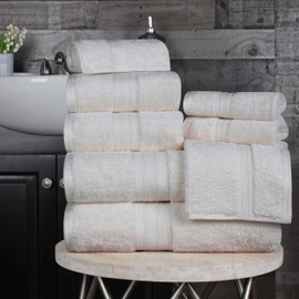 Superior Long Staple 100% Combed Cotton 700GSM 8-Piece Solid Towel Set for Bathroom, Shower, Kitchen-Super Soft, Plush, Assorted 8-Piece Towels, 4 Face/Washcloths, 2 Hand Towels, 2 Bath Towels, Ivory