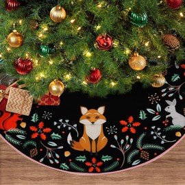 Woodland Wreath Christmas Tree Skirt 48" Forest Animals Xmas Tree Skirt Decor Mats for Farmhouse Rustic Xmas Holiday Indoor Party Outdoor Decorations (Black, 48 Inch)