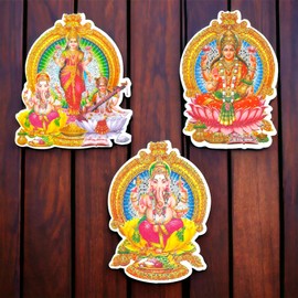 LOVENSPIRE Ganesha Laxmi and Saraswati Wall Sticker Decorative Easy Peel Poster Premium Glitter Effect Pooja Room Wall Sticker Hindu Diwali Decor Indian God Sticker for Home Office
