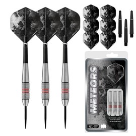 Designa Darts Meteors | 32g Premium 90% Tungsten Heavy Barrel Steel Tip Dart Set, M1, Black & Red (D8644)