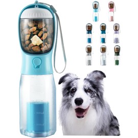 MoonyMars Portable Dog Water Bottle, 3-in-1 Dog Travel Water Bowl with Food Container & Poop Bag Holder, Pet Water Dispenser Summer Outdoor Walking Hiking Accessories for Large Dog - Blue, 20oz