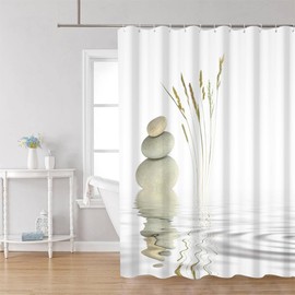 Uiiooazy Zen Shower Curtain, Spa Shower Curtain, Grey Pebble Stones Motifo Shower Curtain, Anti Mould, Waterproof Polyester Fabric, Opaque, Washable Bathroom Curtain with 12 Hooks for Bathroom, 180 W