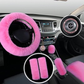 JXJKMMN 1 Set 8 Pieces Fluffy Car Accessories Set for Women,Fuzzy Steering Wheel Cover Cute Car Accessories with Gear Shift Cover,Handbrake Cover 15 Inches Universal for Most Cars (Pink)