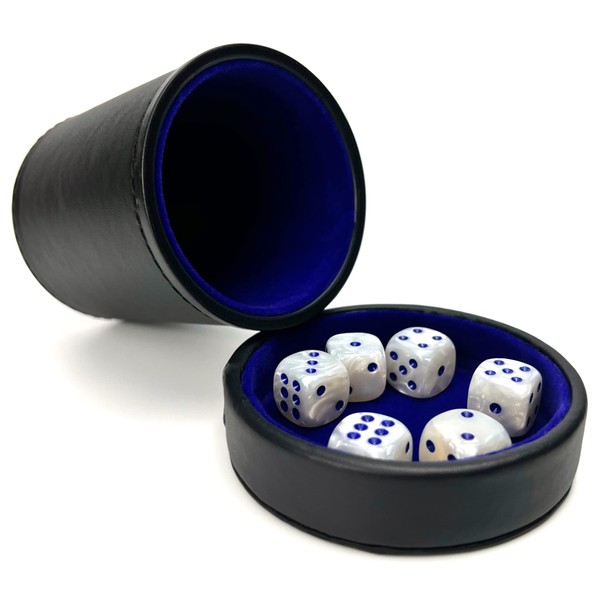 Luck Lab Black Leather Dice Cup with Lid Including 6 Matching Pearl Dice - Blue Velvet Interior for Quiet Shaking - Use for Liars Dice Farkle Yahtzee Board Games, Black