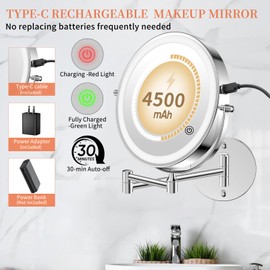 30X/1X Wall Mounted Lighted Makeup Mirror, 10'' Double Sided 4500mAh Rechargeable Magnifying Bathroom Mirror with Light, 3 Color Modes Touch Dimmable Extended Arm 360 Rotation with Adapter,Chrome