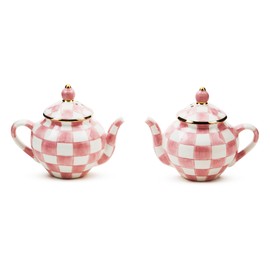 MACKENZIE-CHILDS Teapot Salt and Pepper Shaker Set, Ceramic Salt and Pepper Holders, Pink-and-White Rosy Check