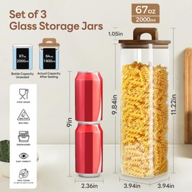 HFIOUDEI Glass Food Storage Canisters with Lids, 68oz Glass Jars with Bamboo Lids,Clear Food Storage Jar for Sugar, Oat, Tea, Cookie, Pasta,(Set of 3)