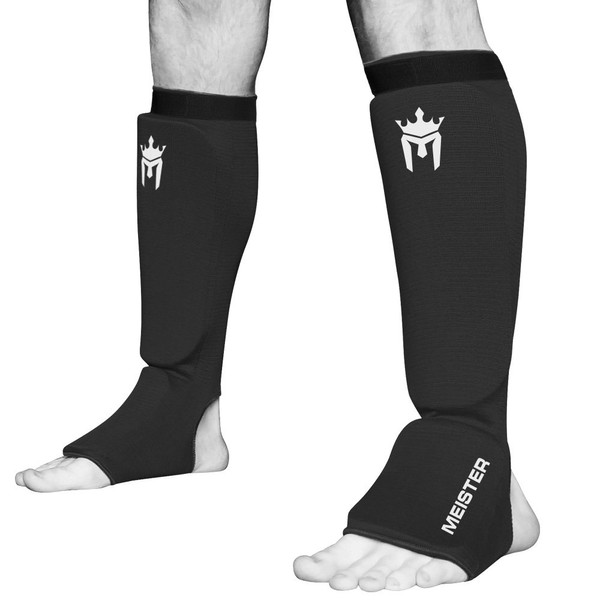 Meister MMA Elastic Cloth Shin & Instep Padded Guards (Pair) - Black - Youth/X-Small
