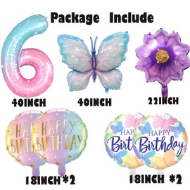 SKIRUP Butterfly Number 6 Birthday Balloons, 40 cm Gradient Starry Sky Foil Balloons, Set of 6, for Girls or Boys Birthday Party, Baby Shower, Rainbow Party, Butterfly Party Decorations