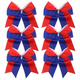 Cheerleader Bows 8 Inch Comb Color Ponytail Holder with Bling Fling Rhinestones Hair Tie Cheerleading Bows 6 Pcs (Royal Blue/Red)