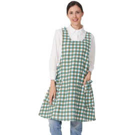 APRONNER Cozy Adjustable Cross Back Aprons for Women with Pockets Cotton Linen Cooking Kitchen Baking Green Grid