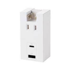 Elecom ECT-36-1ACWH Power Strip, USB Outlet, 15W, AC x 1, USB-A x 1, USB-C x 1, Direct Plug, 180° Swing Plug, Lightning Guard, Dustproof Shutter, White