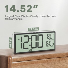 JALL 14.5" Large Digital Wall Clock Battery Operated with Big Digits LCD Screen Display, Day, Date, Alarm, Auto DST, Temperature for Living Room, Bedroom, Desk Decor, Mounted, Gift for Elderly