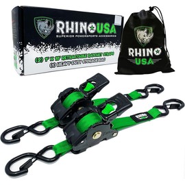 Rhino USA 1" x 10' Retractable Ratchet Straps (select 2 pack or 4 pack) - Heavy Duty Self Retracting Tie Down Straps for Truck, Cargo Trailer:_Green_4-Pack