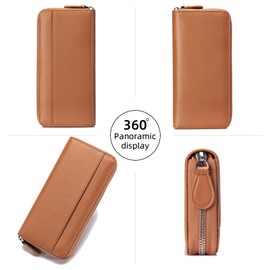 SCHLATUM RFID Blocking Womens Zipper Wallet Leather Large Capacity Billfold Clutch Zip Around Wallets for Women, Brown