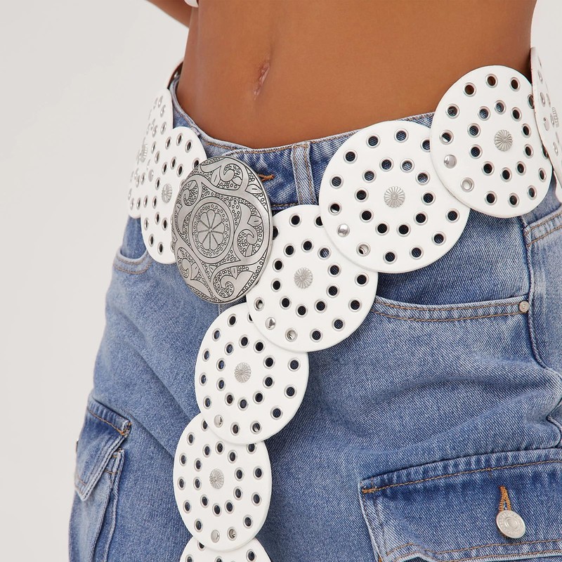 LIMHOO Wide Disc Belt for Women Leather Hollow Out Round