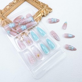 24pcs Summer Press on Nails Medium Almond Fake Nails with 3D Blue Flower Designs Gold Starfish Bead Glue on Nails French Tip False Nails Summer Beach Acrylic Nails Full Cover Stick on Nails for Women