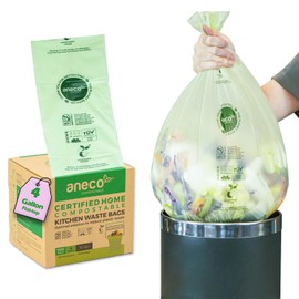 ANECO Compostable Trash Bags 4 Gallon (Flat-Top, 100 Count), Extra Strong for Medium Kitchen Garbage, OK Compost HOME & BPI Certified Compostable
