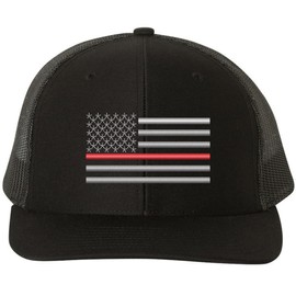 Thin Red Line USA Flag Snapback Trucker Hat Adjustable Mesh Back Baseball Cap (Black)