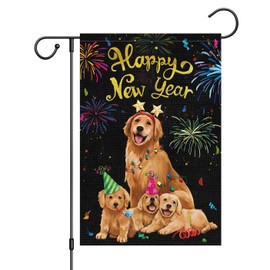 Louise Maelys Happy New Year Dogs Garden Flag 12x18 Double Sided Vertical, Burlap Small Celebration Fireworks Golden Retriever Puppy Welcome New Year Eve Yard Flag Sign (ONLY FLAG)