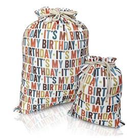 Gather & Knot Drawstring Gift Bags | 20" Large 12" Small | Premium Canvas | Reusable Fabric Wrap for Birthday | Gender Neutral | It's My Birthday