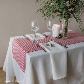 Linen & Cotton Table Runner Fabric Table Decoration Table Linen Estella - 100% Linen, White / Red (40 x 180 cm) Checked Runner Table Dining Table for Kitchen House Country House Festival Event Spring