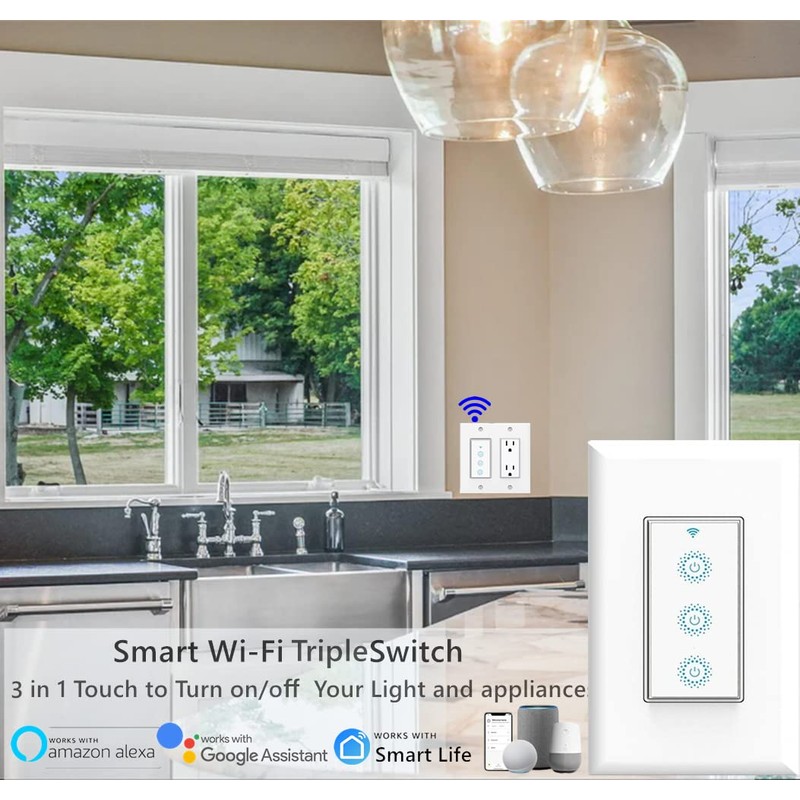 Nexete Smart Wi-Fi Triple Light Switch,3 Individual Single Pole Switch,Remote